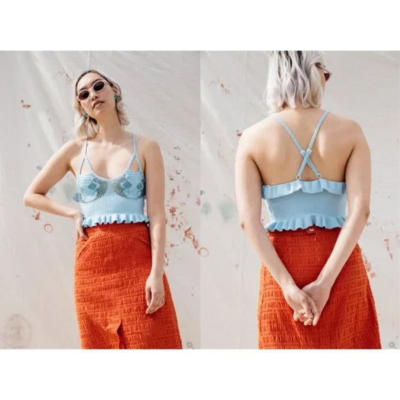 HOUSE OF SUNNY Palma crochet stretch knit ruffle crop top - Picture 2 of 8